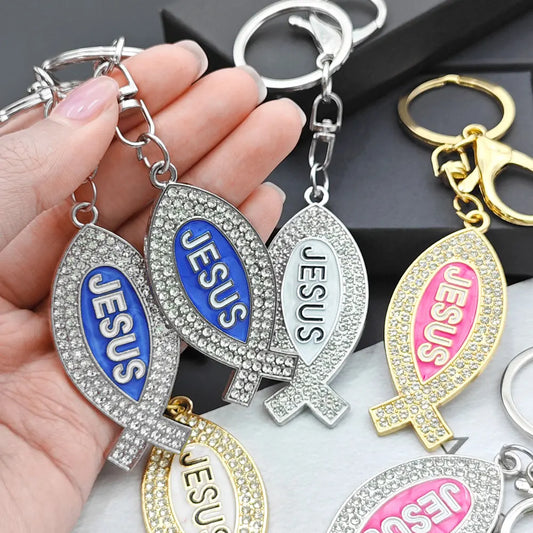 Cartoon Metal Fish Shaped Keychain Originality I Love Jesus Letter Keyring Shining Car Creative Key Chain Ring Souvenir Gift