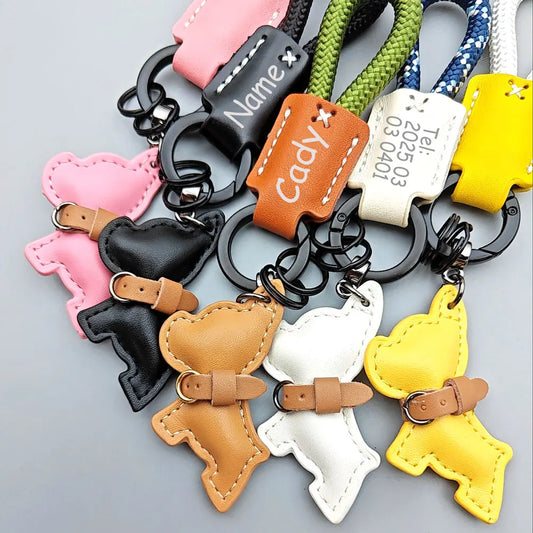 Cartoon Law Fighting Dog Keychain Woven Rope Keyring Custom Name Leather Key Chain Ring Scratch Resistant Prevent Loss Bag Gift